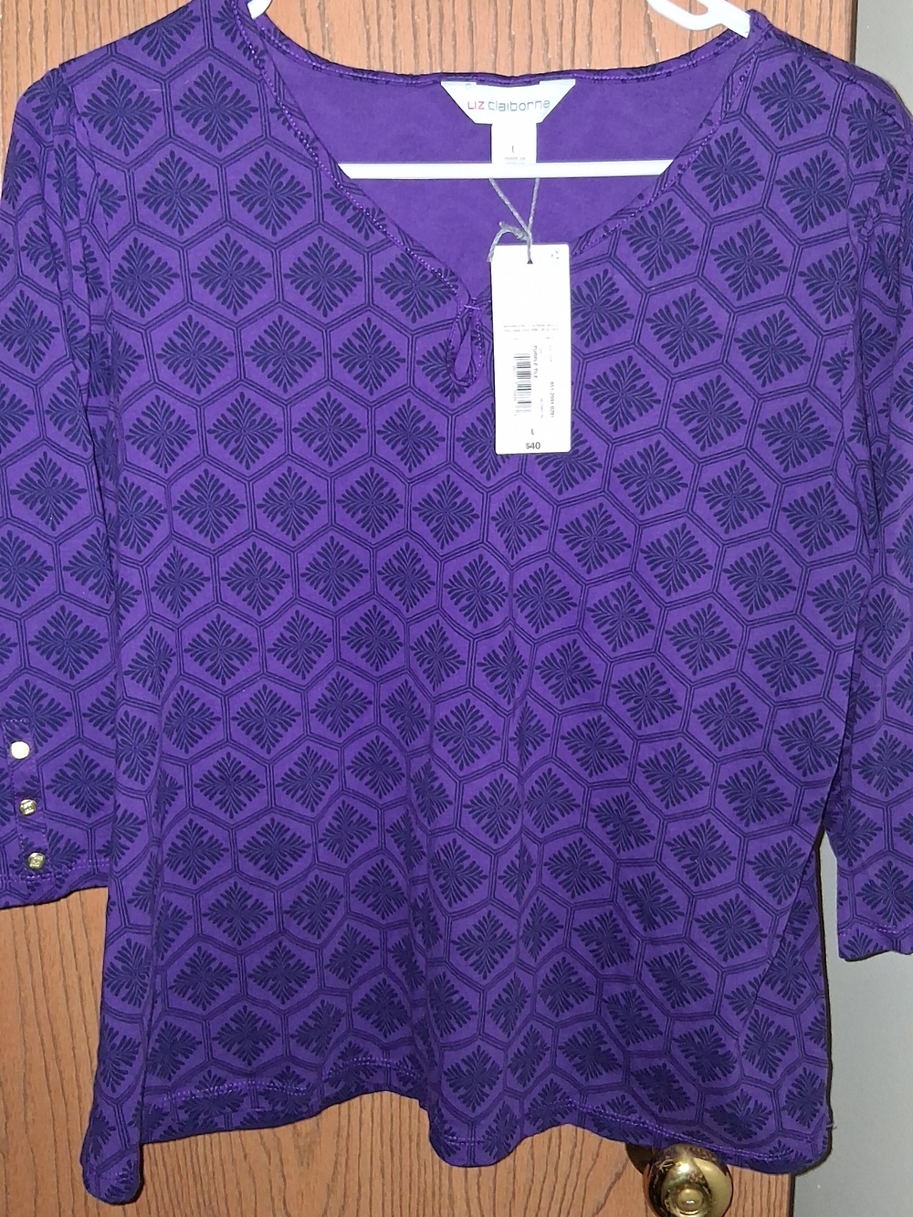 Liz Claiborne Purple Geometric Print Tunic 3/4 Sleeve Blouse Top New Large